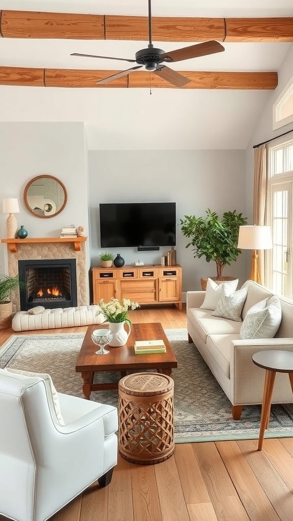 A cozy living room featuring modern furniture, wooden beams, and a fireplace.