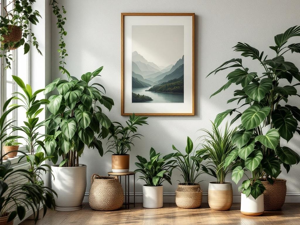 A room filled with various indoor plants and a framed landscape artwork on the wall.