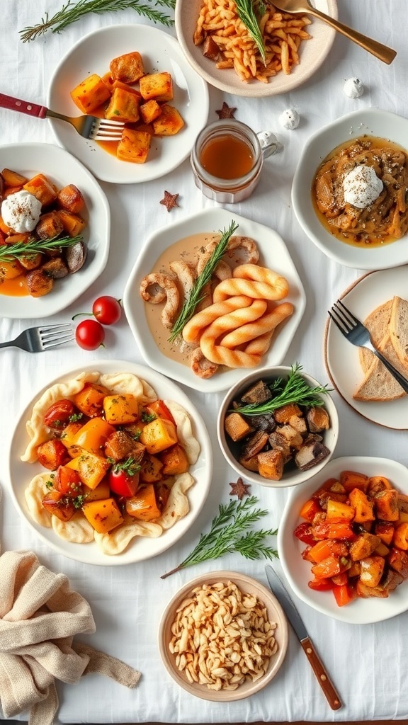 A variety of cozy winter comfort foods displayed on a table.