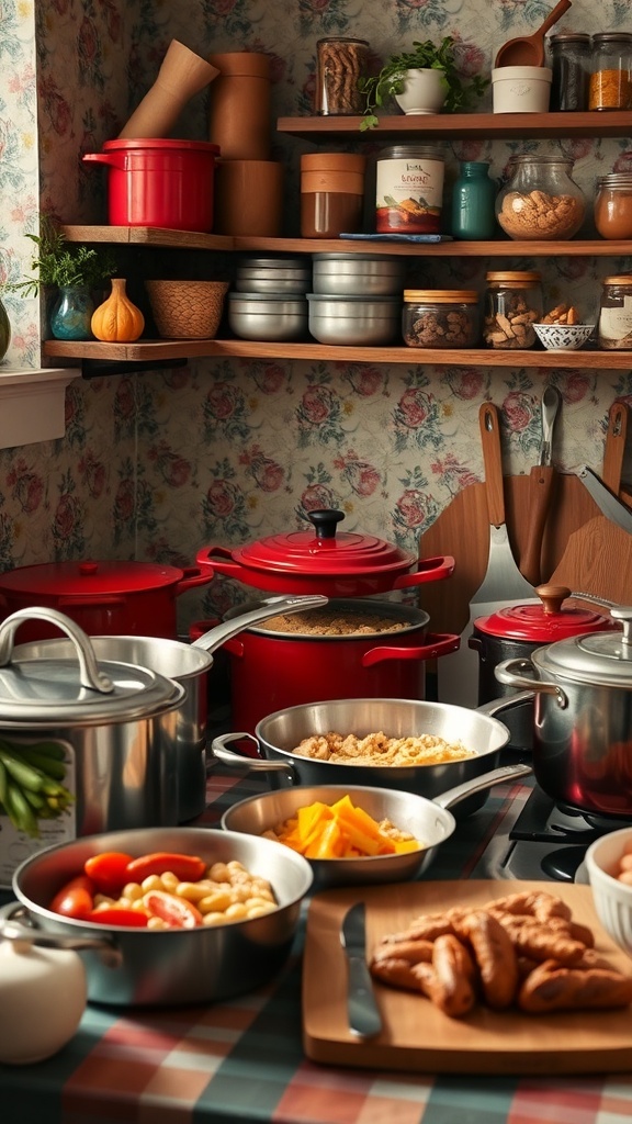 A cozy kitchen filled with red pots, fresh ingredients, and a warm atmosphere, perfect for comfort food cooking.