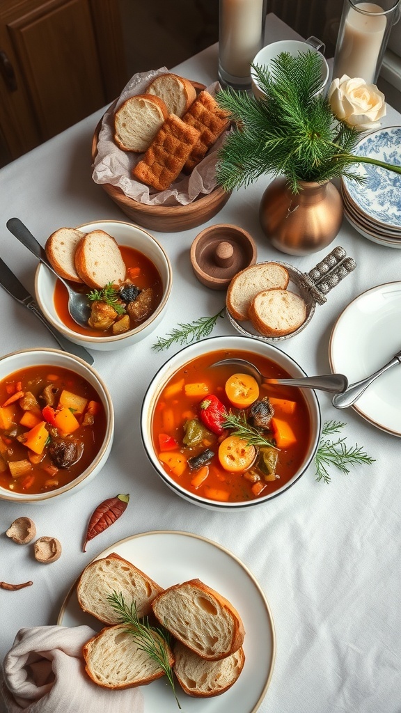 A cozy winter meal featuring bowls of vegetable soup, slices of bread, and a warm table setting.