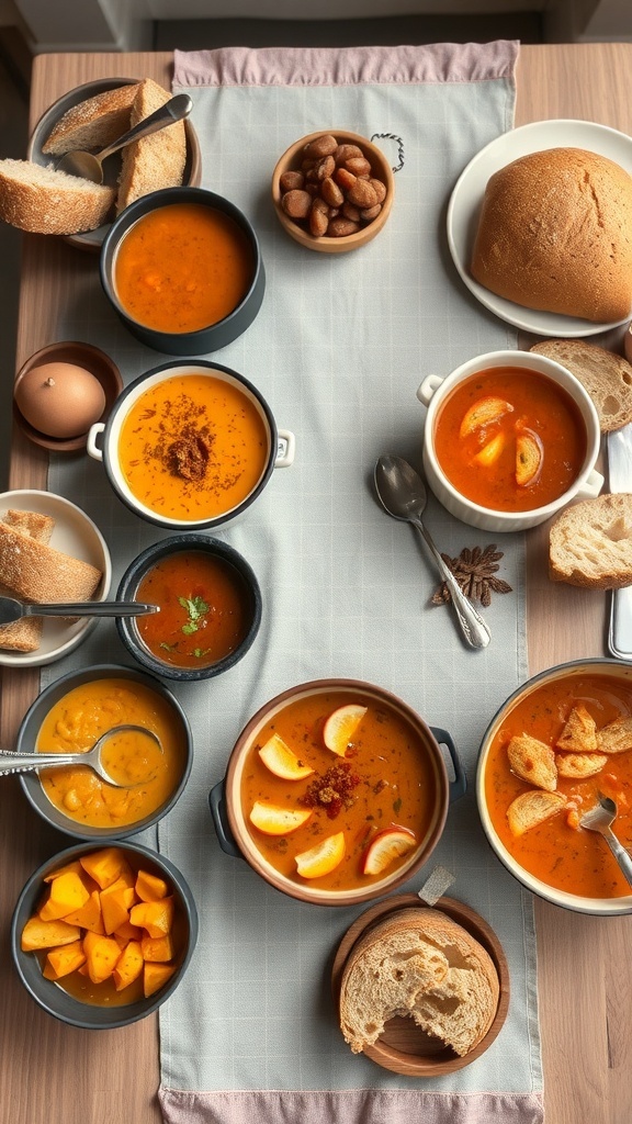 A cozy winter food spread featuring various soups, bread, and nuts.