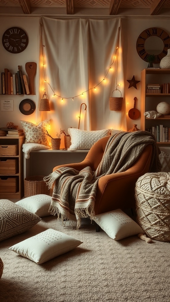 A cozy hobby room featuring a comfortable chair, soft pillows, and warm lighting.