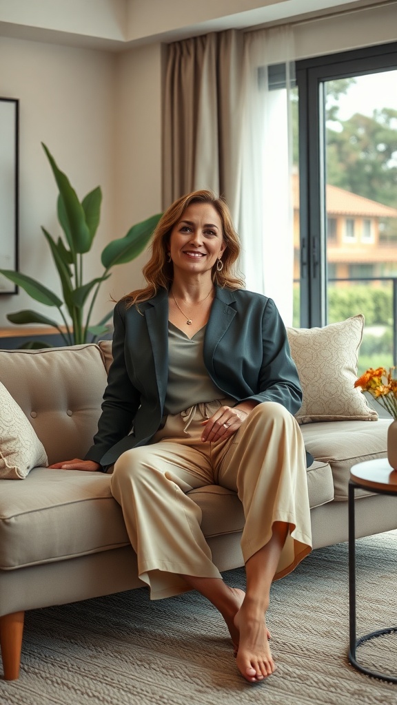 A woman in a stylish business casual outfit, sitting on a couch with a relaxed smile.