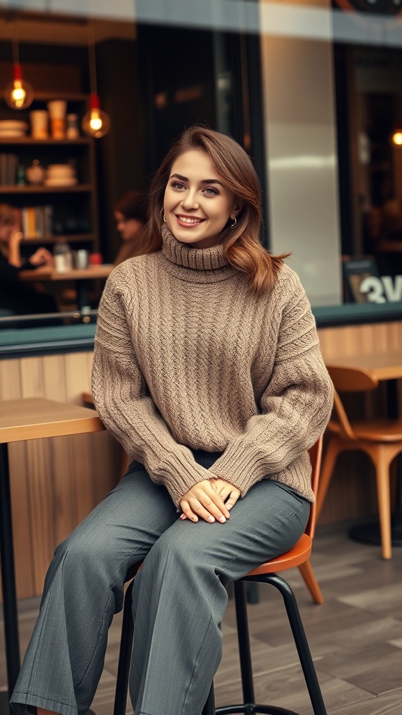 A woman in a cozy beige turtleneck sweater and gray wide-leg pants, smiling while sitting in a café.