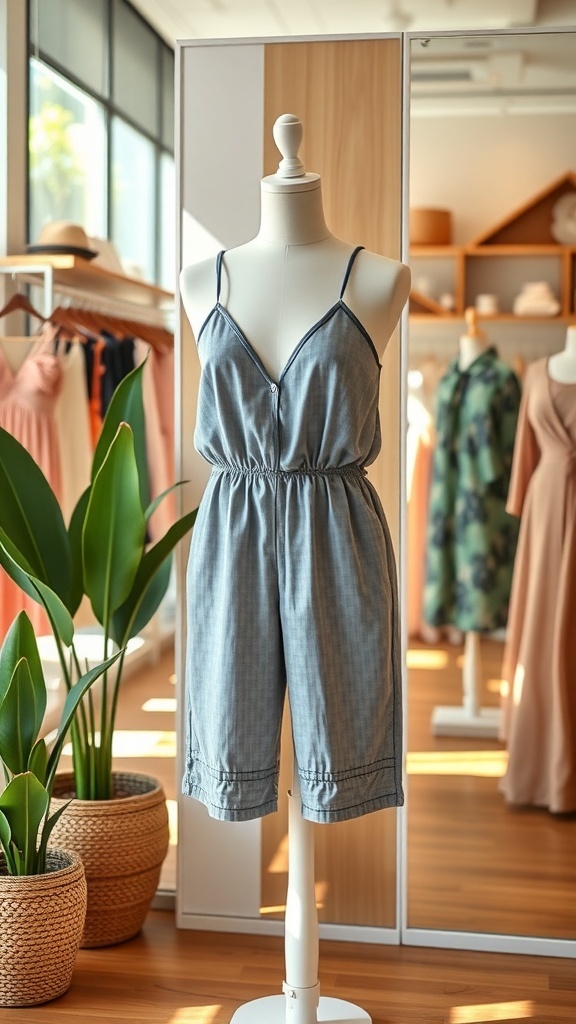 Gray romper displayed on a mannequin in a stylish boutique setting