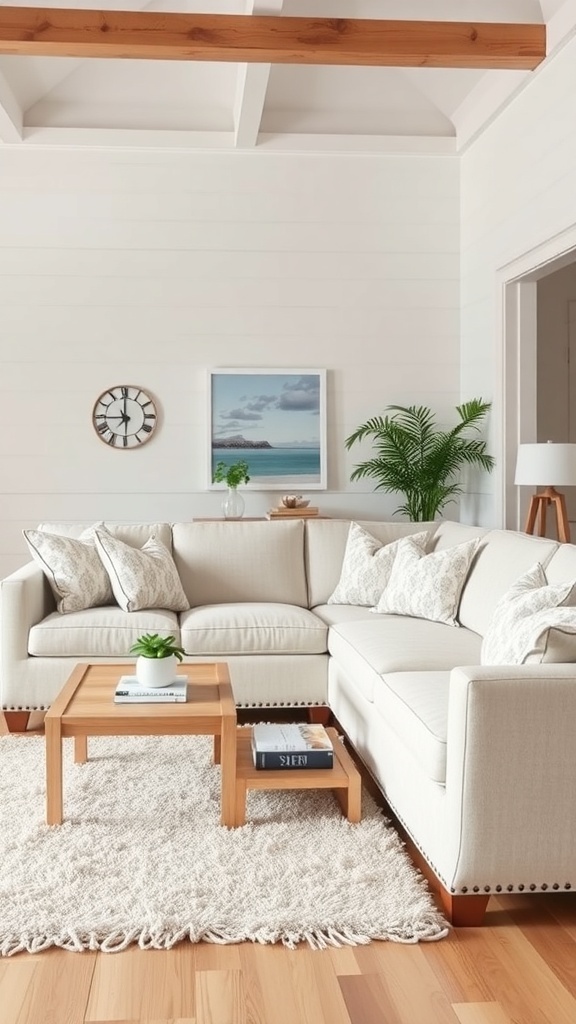 Coastal cottage living room with a soft sofa, wooden coffee table, and a plush rug.