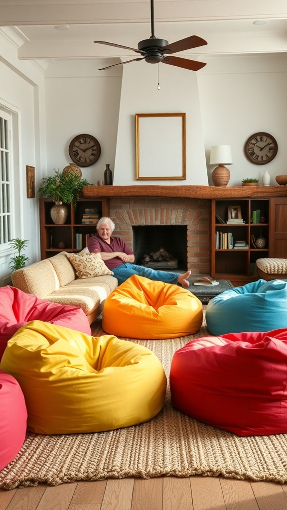 A cozy farmhouse living room featuring colorful bean bags and a comfortable sofa.
