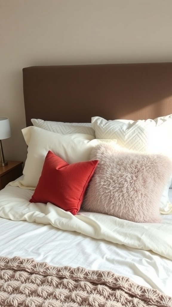 A cozy dorm bed with a mix of pillows and a soft blanket, showcasing comfort and style.