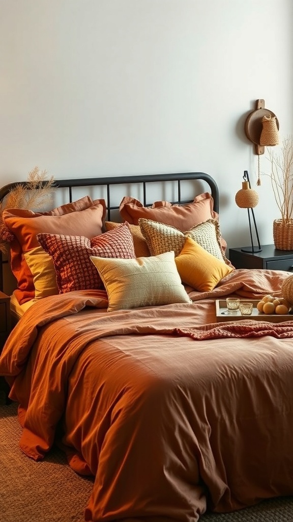 Cozy bedroom with warm bedding and decorative pillows in autumn colors.