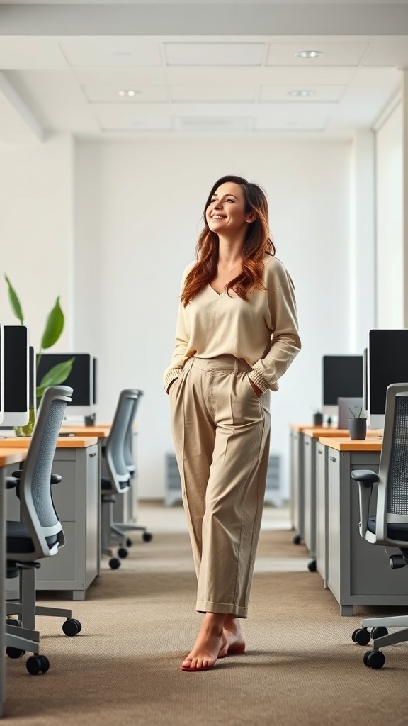 A woman wearing beige chinos and a neutral top, smiling in an office setting.