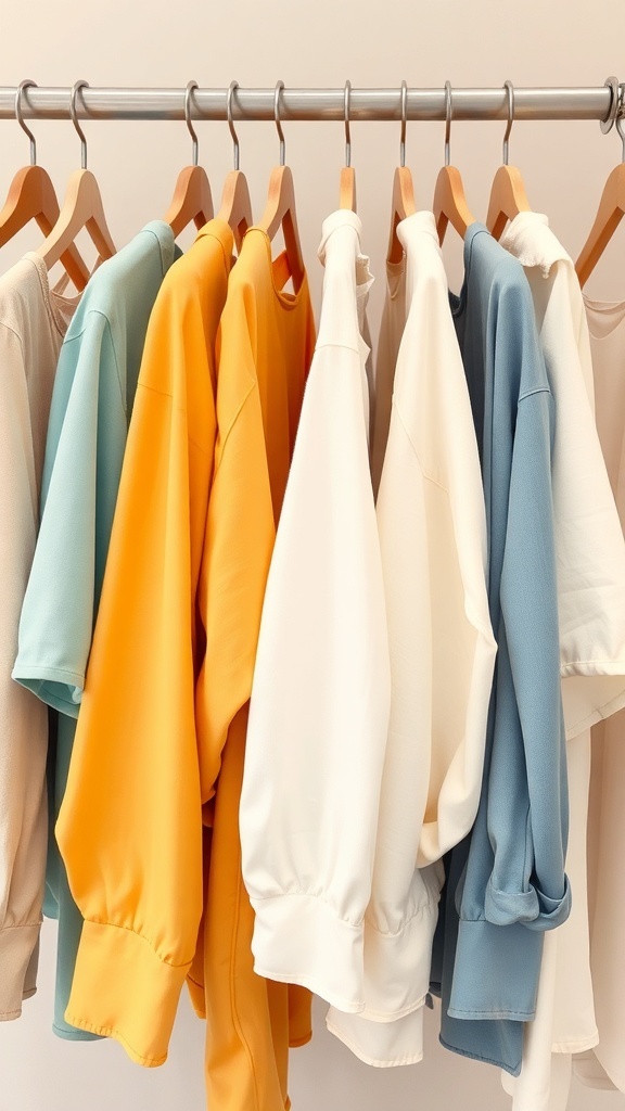 A variety of colorful cotton blouses hanging on a rack, showcasing different styles and colors.