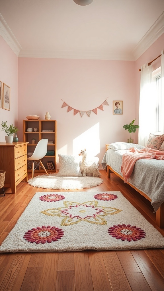 A cozy teen girl's bedroom featuring wooden flooring and a colorful rug.