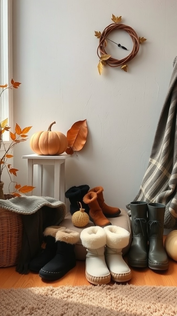 Cozy fall room with a display of comfortable footwear, pumpkins, and autumn leaves.