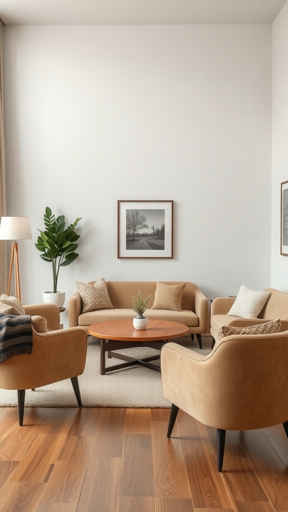 A cozy living room with soft beige furniture arranged around a wooden coffee table.