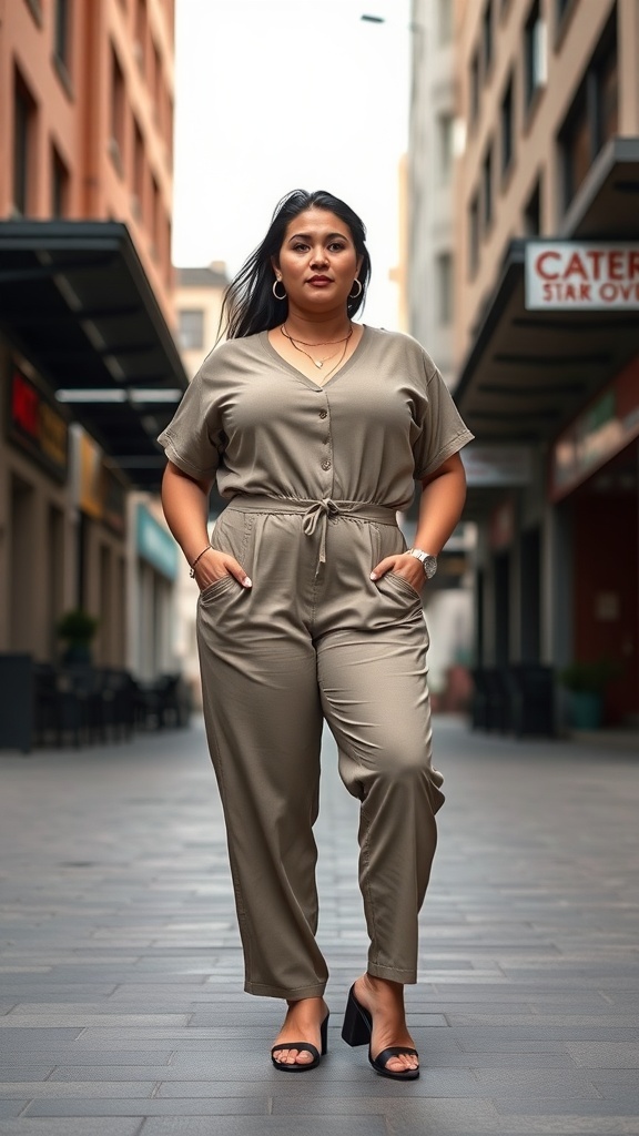 A woman in a neutral-toned jumpsuit walking confidently in a city setting.