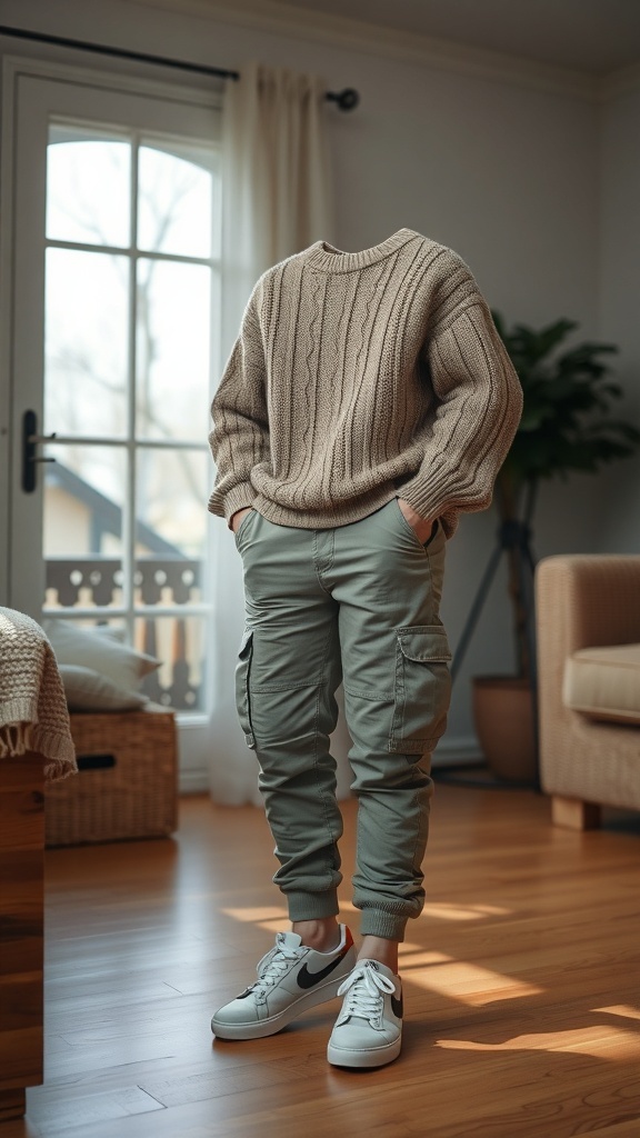 A cozy knit sweater paired with cargo pants and sneakers, showcasing a tomboy chic outfit.