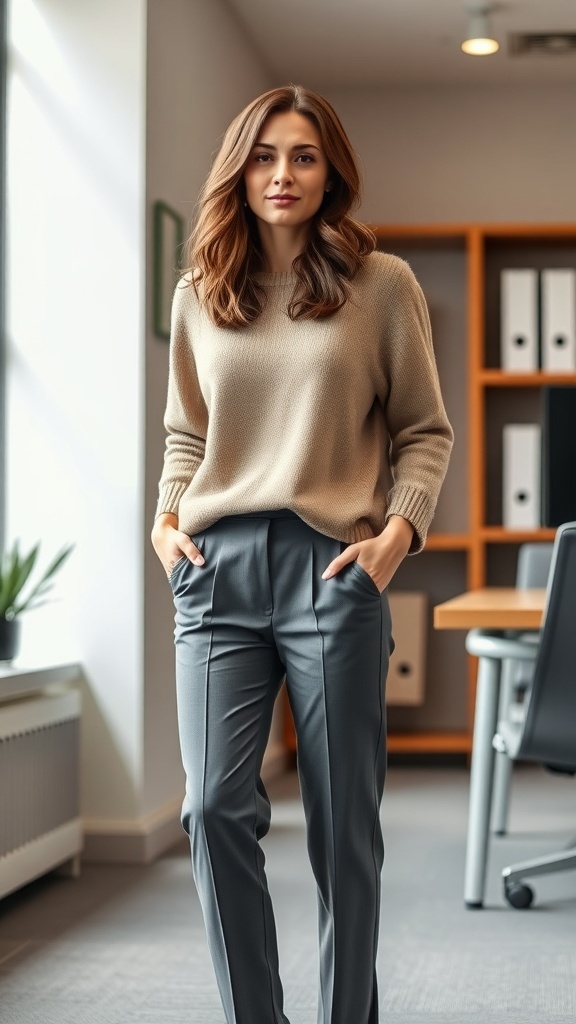 A stylish knit sweater paired with tailored pants in an office setting.