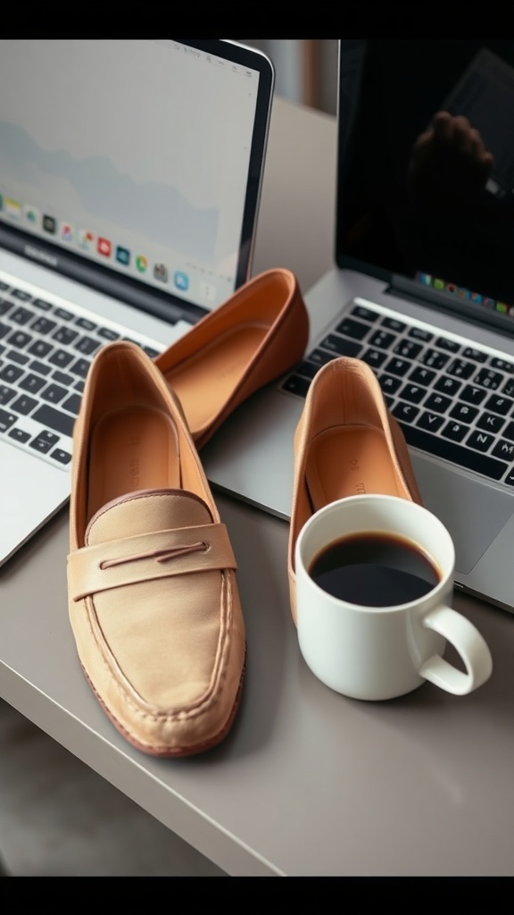 A pair of dark brown loafers on a desk next to a coffee cup and laptop.