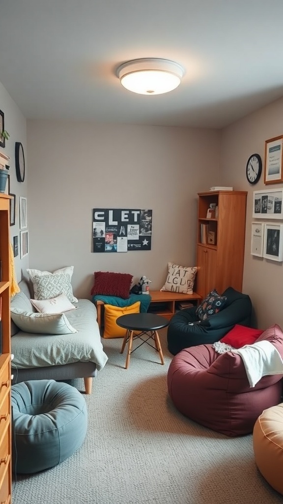 Cozy lounge area in a dorm room with bean bags, a small table, and wall art.