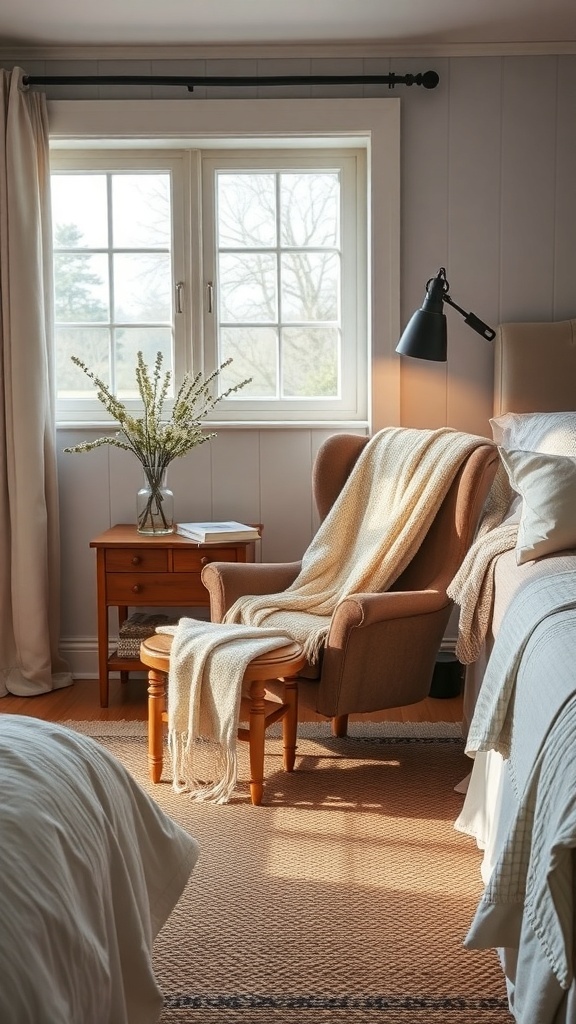 A cozy reading chair in a farmhouse bedroom with a warm throw and side table.