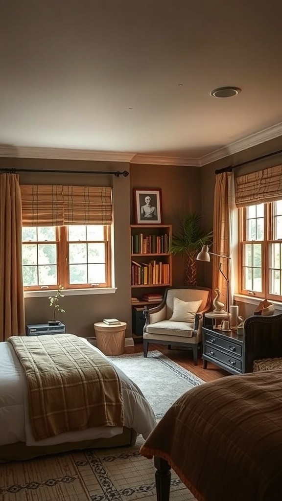 A cozy reading nook with a soft chair, warm lighting, and a book open on the seat.