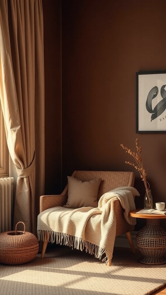 Cozy reading nook with a brown chair, blanket, and side table