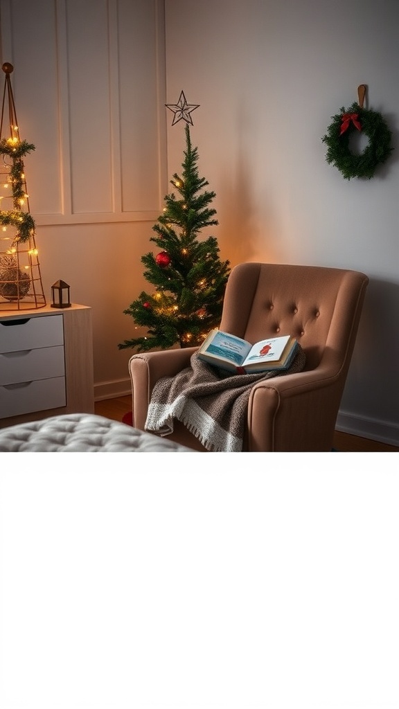 A cozy reading nook with a chair, blanket, and Christmas tree.