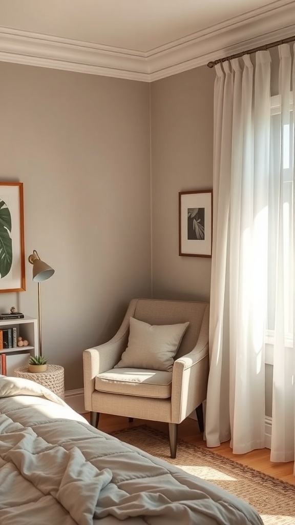 A cozy reading nook with a soft chair, warm lighting, and decorative elements.