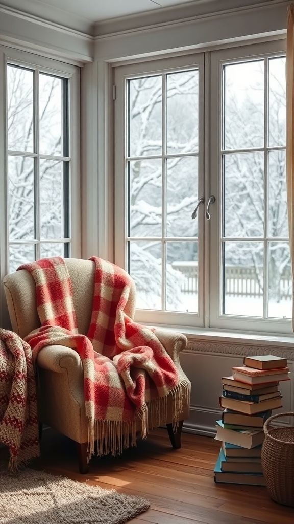 Cozy reading nook with a chair, blanket, and books by a snowy window
