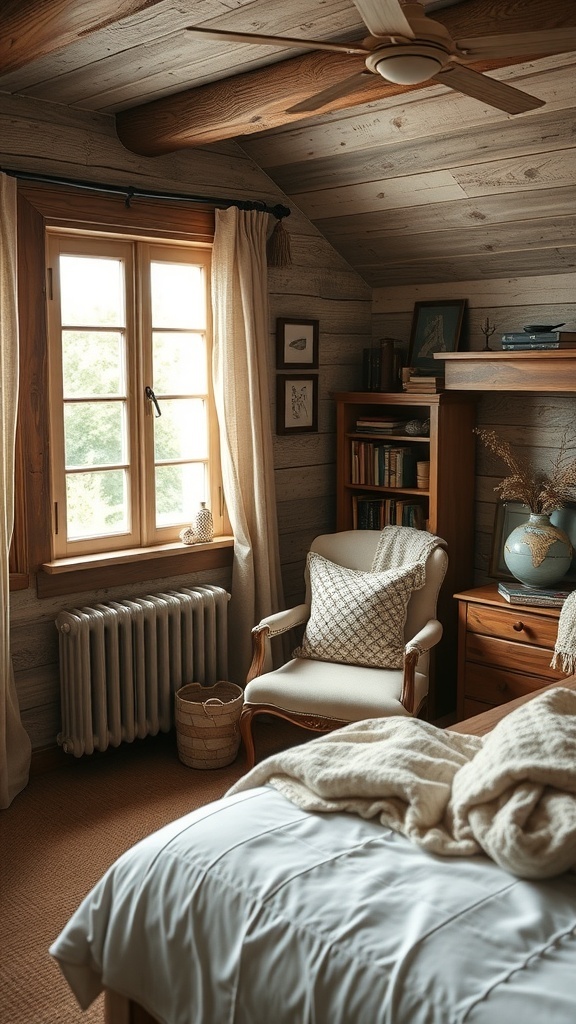A cozy reading nook in a rustic farmhouse bedroom with a chair, blankets, and a bookshelf.
