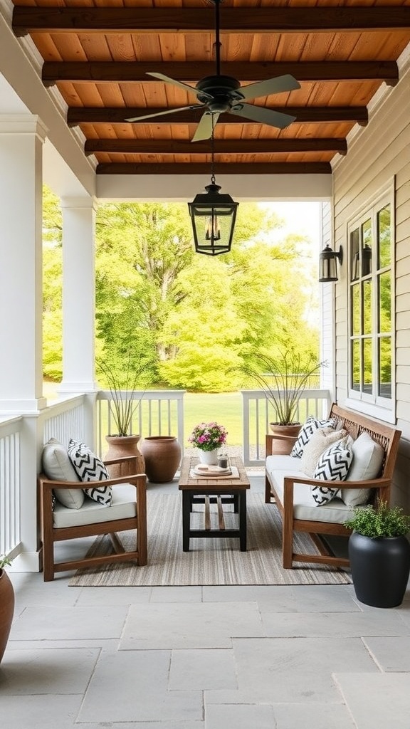 A modern farmhouse porch featuring comfortable seating with cushions, a coffee table, and decorative plants.