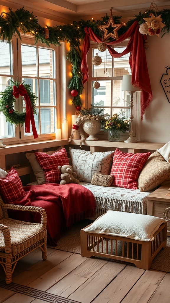Cozy Christmas living room with a corner sofa, festive pillows, and holiday decorations