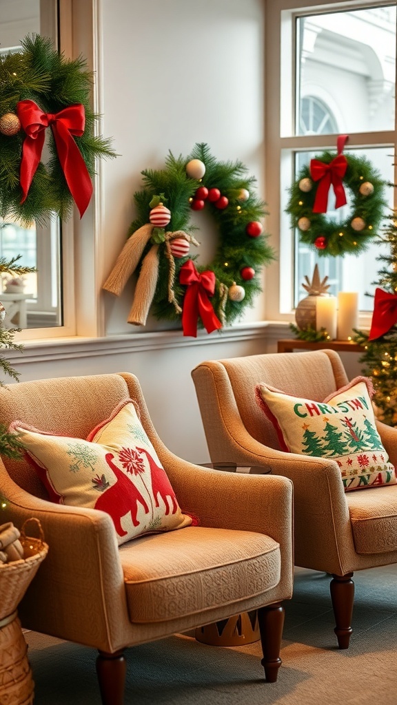 Cozy seating area decorated for Christmas with festive cushions and wreaths.