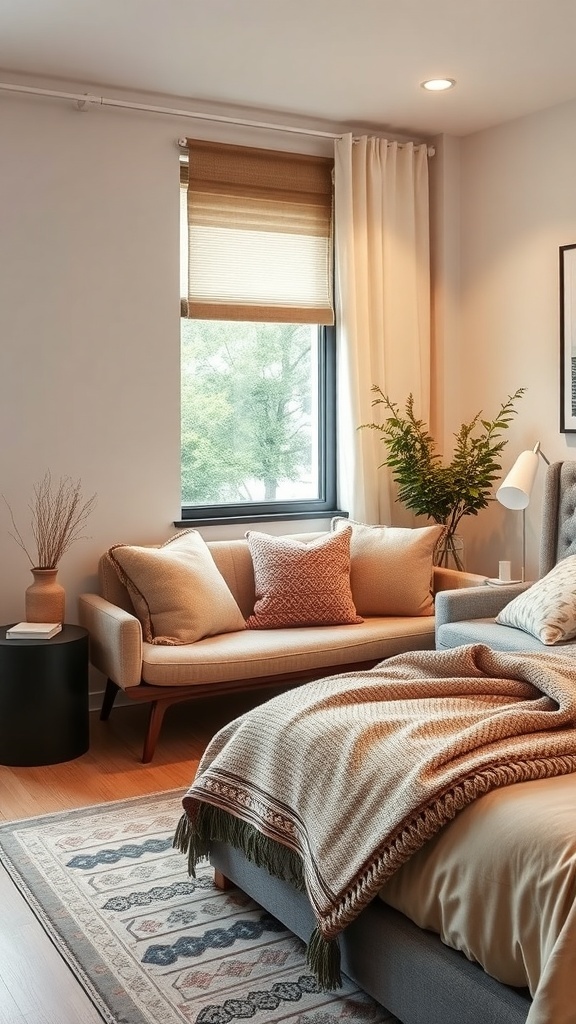 A warm modern bedroom featuring a cozy seating area with a sofa, cushions, and a throw blanket.
