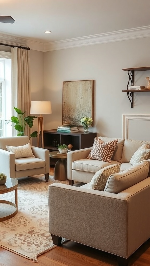 A cozy living room with comfortable seating, featuring a mix of sofas and armchairs.