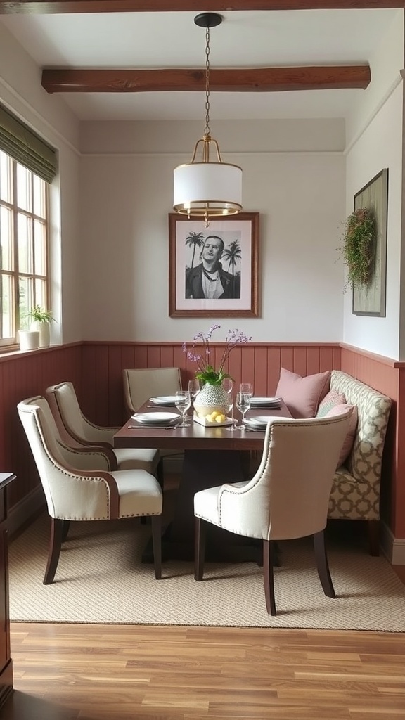 A modern farmhouse dining area featuring cushioned chairs and a cozy bench.