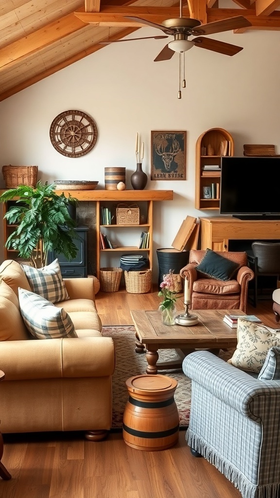 Cozy western farmhouse living room with comfortable seating arrangements.