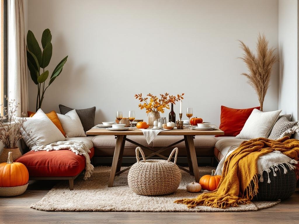 A cozy boho Thanksgiving table setting with comfortable seating, cushions, and seasonal decorations.