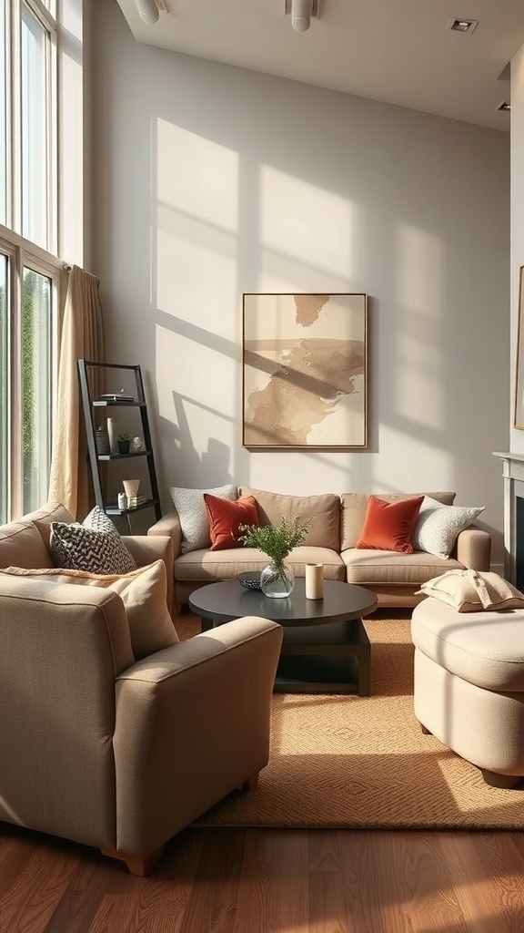 Cozy cottage living room with soft sofas and plush chairs.