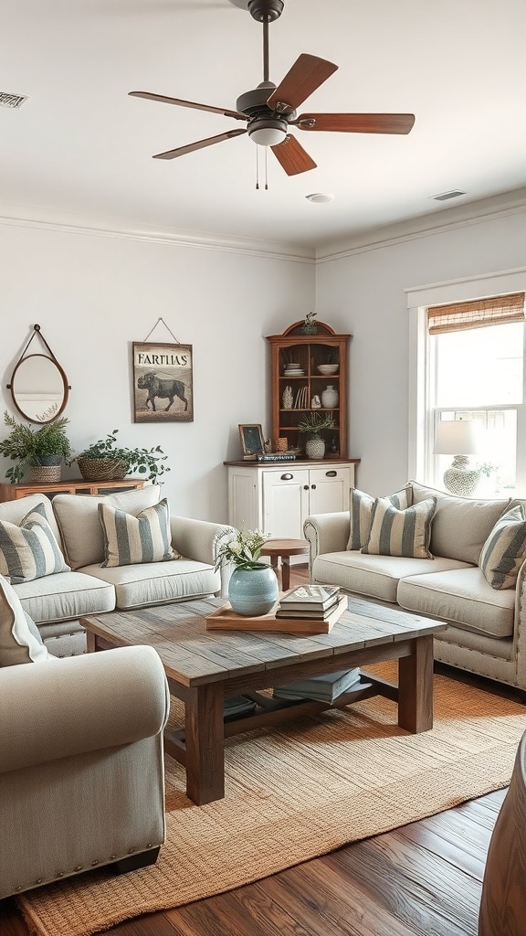 Cozy farmhouse living room with comfortable seating and a rustic coffee table.