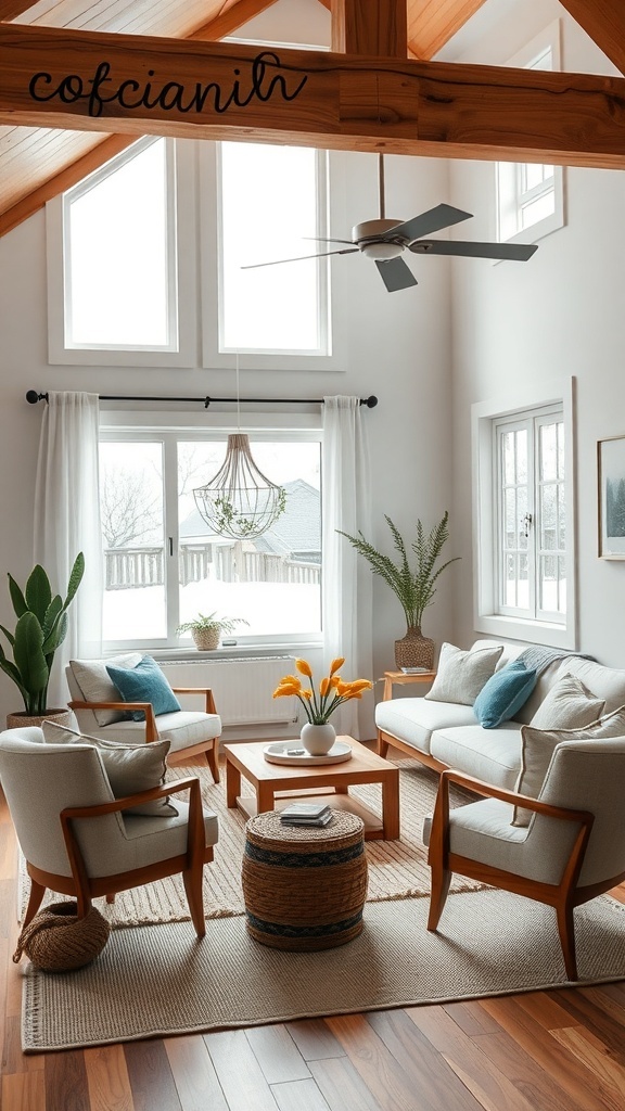 A modern cottage living room with comfortable seating arrangements, featuring soft chairs and a cozy sofa.