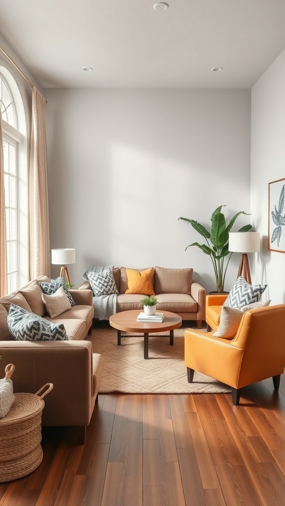 A cozy farmhouse style living room with soft sofas, armchairs, and warm decor.