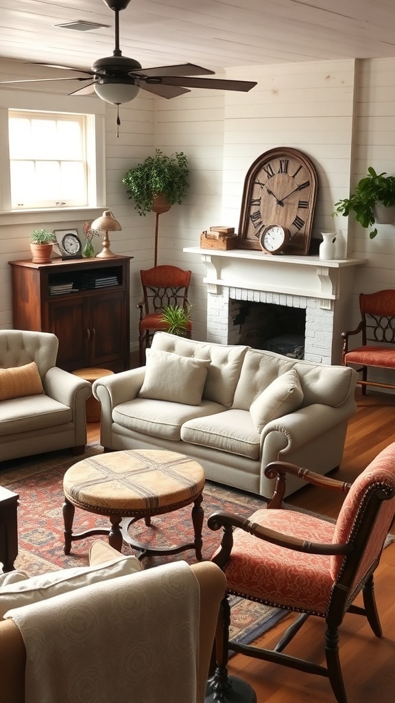 A vintage farmhouse living room with comfortable seating arrangements including sofas and armchairs.
