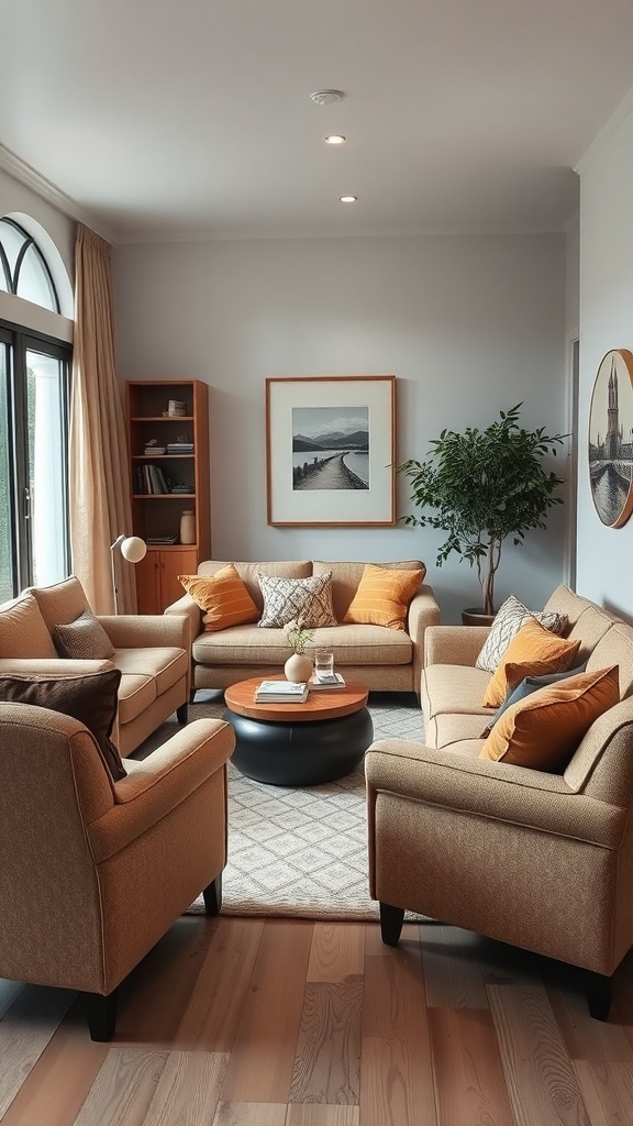 A modern rustic living room with comfortable seating arrangements, featuring soft sofas and armchairs.