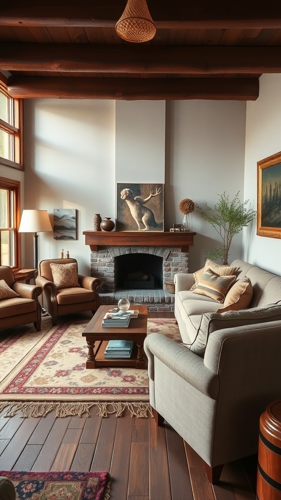 A rustic living room featuring comfortable seating with a sofa and armchairs, a wooden coffee table, and a cozy fireplace.