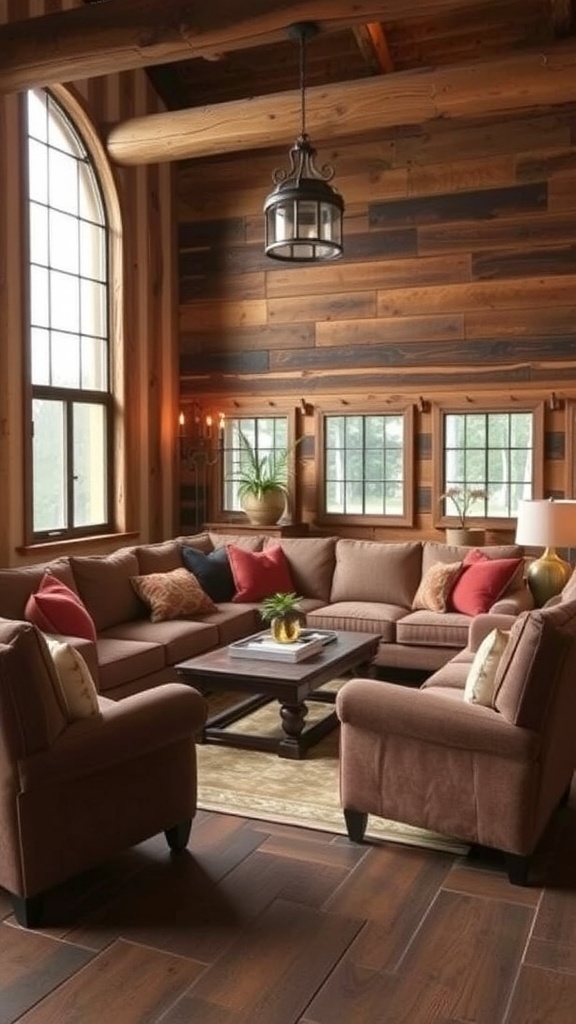 A rustic living room featuring a large sectional sofa, wooden accents, and a cozy atmosphere.