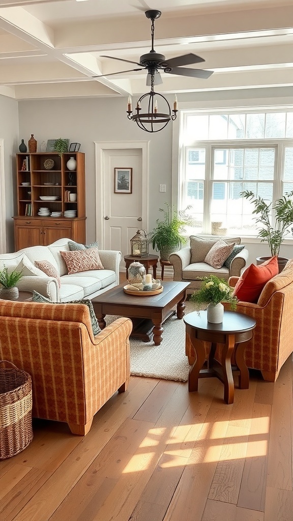 A cozy farmhouse living room with comfortable seating arrangements, including a mix of sofas and armchairs.
