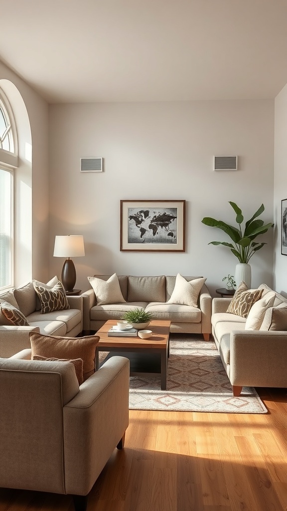 A modern living room with beige sofas, a wooden coffee table, and a plant.