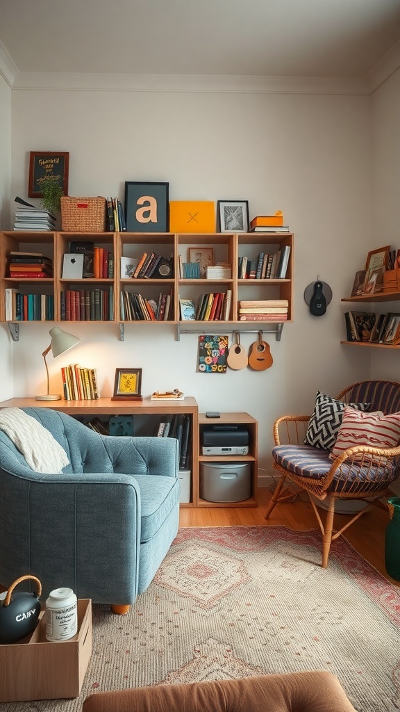 A cozy hobby room featuring comfortable seating options.